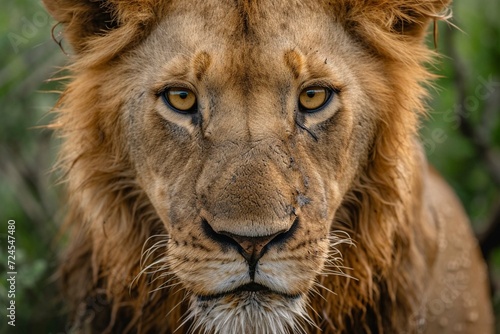 African male lion headshot looking into came