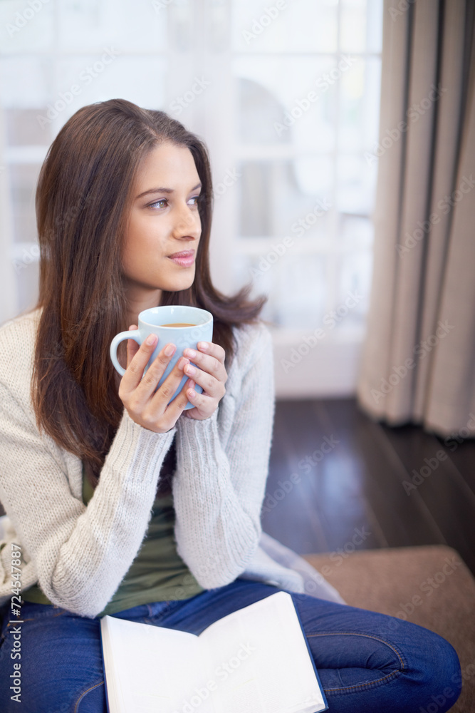 Woman, thinking and coffee in living room, daydream or future for inspiration and journal in apartment. Calm, thoughtful and insight, mindfulness with tea for ideas or memory at home with notebook Woman, thinking and coffee in living room, daydream or future for inspiration and journal in apartment. Calm, thoughtful and insight, mindfulness with tea for ideas or memory at home with notebook