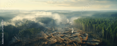 Deforestation or forest cutting top view. Aerial view of cut forest.copy space for text. © Alena