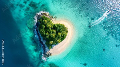 Heart-Shaped Tropical Island with Boat and Turquoise Water