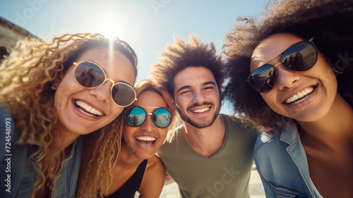 Group of diverse cheerful fun happy multiethnic friends outdoors