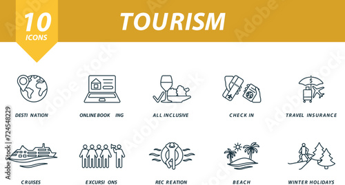 Tourism outline icons set. Creative icons: destination, online booking, all inclusive, check in, travel insurance, cruises, excursions, recreation, beach, winter holidays.
