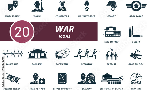 War icon set. Creative icons: military rank, soldier, commander, military order, helmet, army badge, transmitter, bullet, barbed wire and more photo