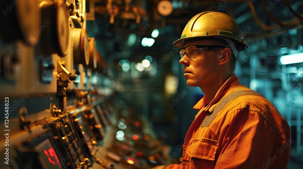 Worker in Safety Gear Monitoring Machinery in an Industrial Setting