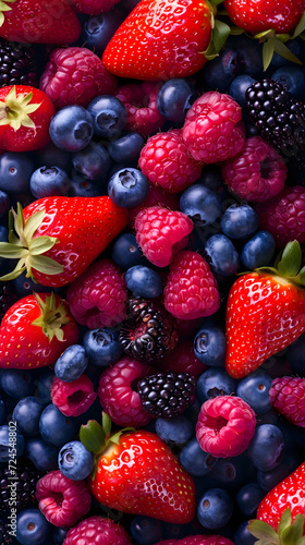 Wild berries mix, strawberry, raspberry, blueberry, blackberry  background