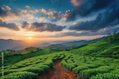 tea fields, serene tea plantation scenery, photography backdrop, 