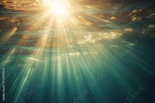 Gorgeous sun rays shining underwater create a beautiful backdrop. Place for text
