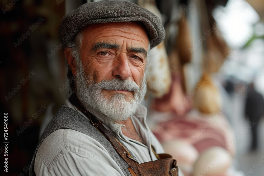 Portrait of a mature Caucasian farmer wearing a hat, representing the rustic lifestyle of an elderly man in the countryside.