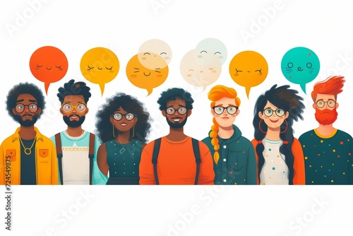 A diverse and colorful group illustration representing a social team of different backgrounds and nationalities on a white background. photo