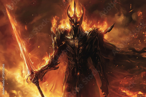 illustration of lord Sauron with burning eyes holding a mace in a terrifying hellish space photo