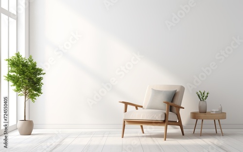 A minimalist interior scene with an armchair set against an empty white wall, highlighting clean and contemporary design