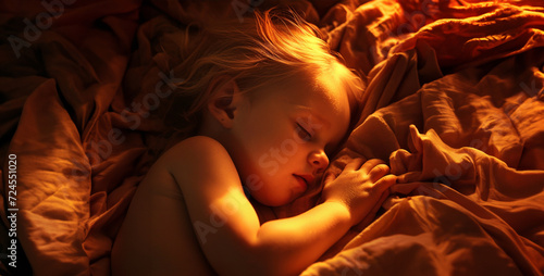 child sleeping in bed, A cute light-haired baby is sleeping the room is dark © Your_Demon