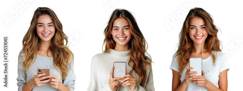 Set of beauty women with mobile phones on transparent