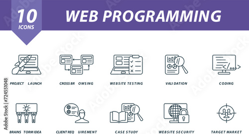 Web programming outline icons set. Creative icons: project launch, cross browsing, website testing, validation, coding, brainstorm idea and more