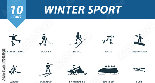 Winter sport icons set. Creative icons: figure skating, hockey, skiing, skates, snowboard, curling, biathlon, snowmobile, bobsled, luge.