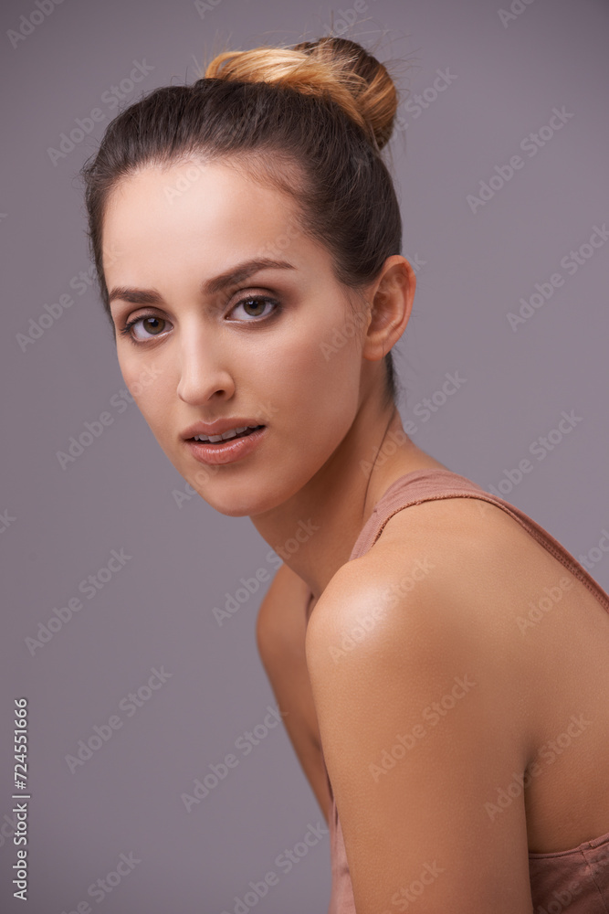 Skincare, portrait and beauty with woman in studio with health, wellness and dermatology routine. Cosmetic, confident and female person with natural or facial treatment isolated by gray background. Skincare, portrait and beauty with woman in studio with health, wellness and dermatology routine. Cosmetic, confident and female person with natural or facial treatment isolated by gray background.