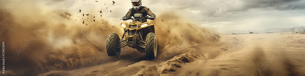 Fototapeta premium Rider on quad bike in dust path. Desert rider in action.