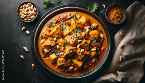 A Thai Massaman Curry Chicken, pieces of potato on the view of a top view photo