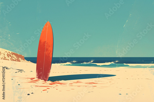 Digitally painted image of a red surfboard on an empty beach with shadow on the sand © youriy