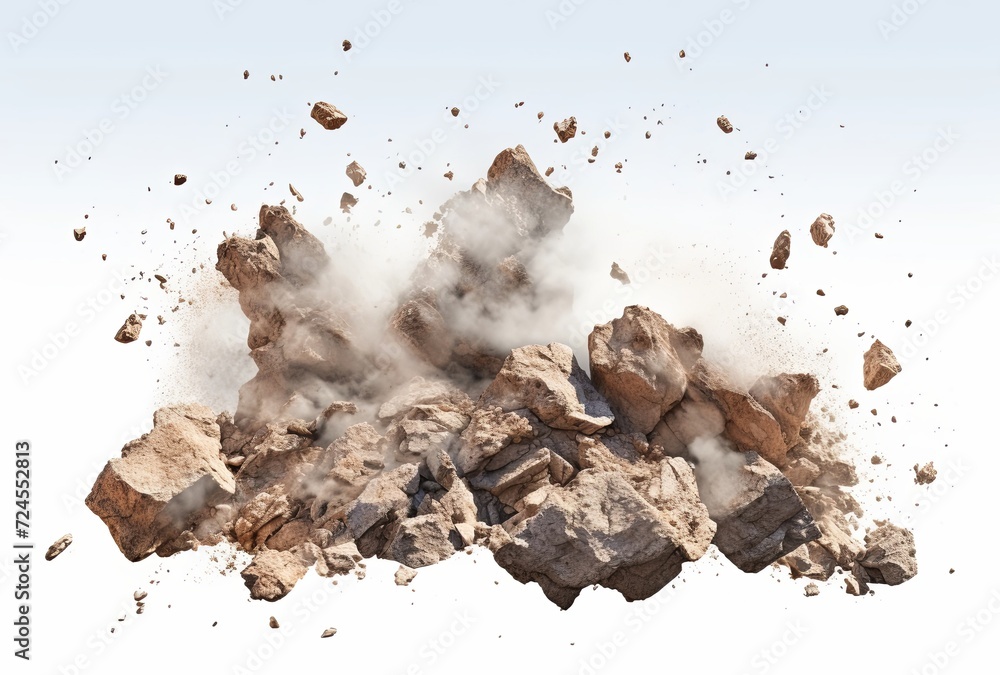 The rocks collide with each other and break until dust is scattered on the white background.