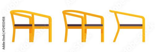 Wooden frame armchair set, yellow dining chair. Workroom, kitchen, living room, balcony, tea table, banquet accent. Vector flat style cartoon home, office furniture objects isolated, white background