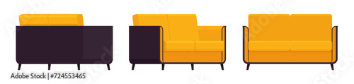 Small couch, loveseat fabric sofa set in yellow accent. Upholstery for living room, dorm, family apartment, studio. Vector flat style cartoon home, office furniture objects isolated, white background