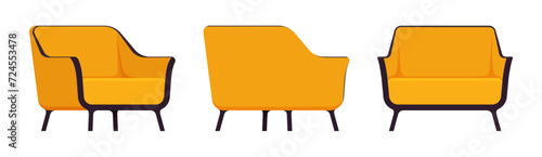 Soft fabric armchair yellow set, club accent chair. Living, waiting room, lounge space, studio tufted upholstery. Vector flat style cartoon home, office furniture objects isolated on white background