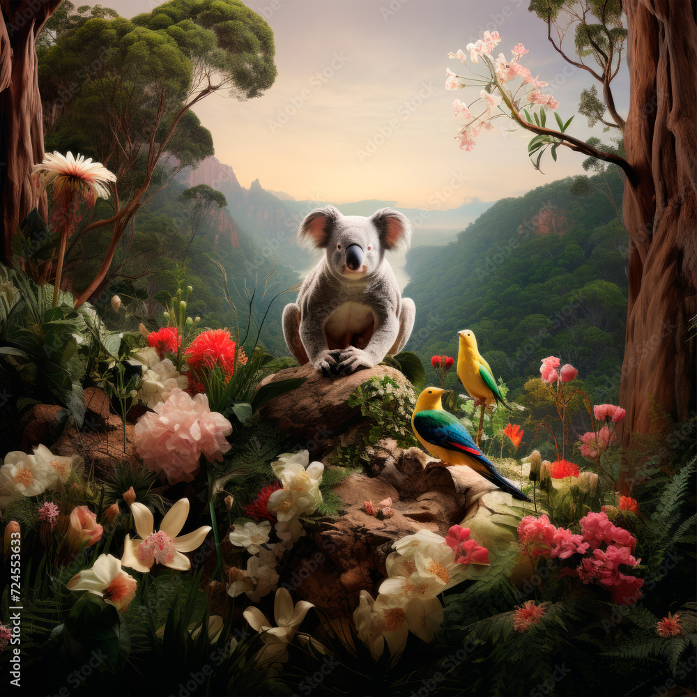 Obraz premium A koala, surrounded by brightly colored flowers and parrots, on a dark background. Wildlife Conservation. Popular tourist destinations in Australia. Abstract background with animals