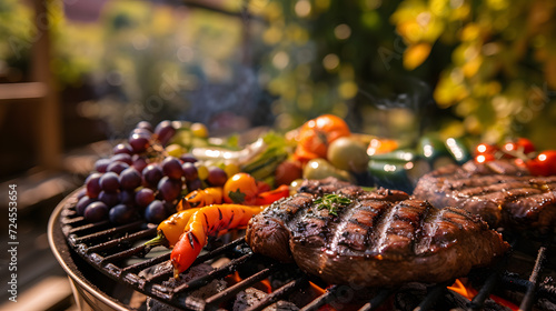 Various vegetables and meat grilling on a barbecue over the hot coals