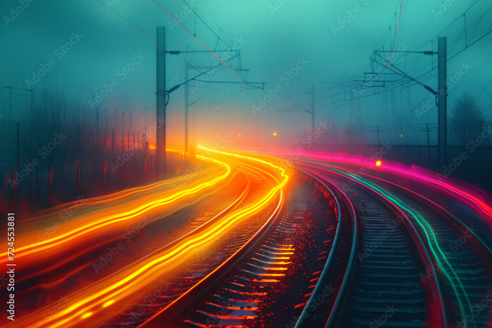 Long exposure of train tracks with vibrant light trails at dusk