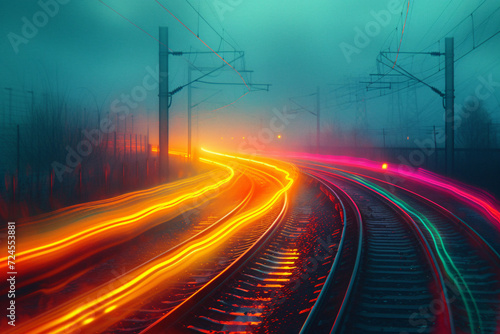 Long exposure of train tracks with vibrant light trails at dusk photo