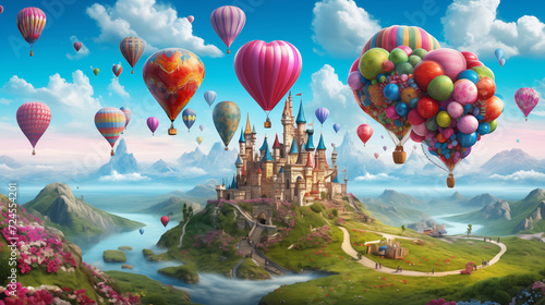 Fantasy landscape with castle and hot air balloons flying in the sky, A fairy tale castle with floating balloons and cute cartoon creatures, Ai generated