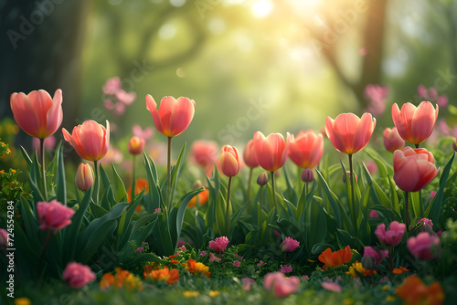 Spring concept - beautiful tulips and other flowers in the part