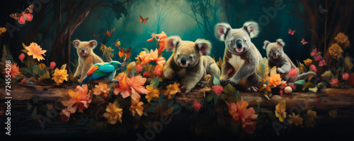 Four koalas stare at the viewer, set against a backdrop of lush vegetation and bright colors. Human contact with wildlife. Conservation of the environment. Traveling in Australia photo
