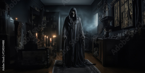 the grim reaper standing in a bedroom horror