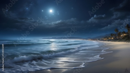 Moonlight beach with waves gently caressing the shore under a star studded sky