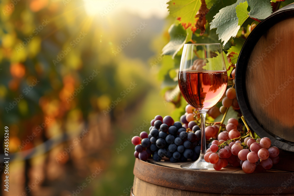 Wine glass and grapes atop oak barrel in vineyard at dusk - obrazy, fototapety, plakaty 
