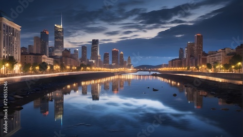Cityscape at twilight, lights shimmering in reflection on a calm river