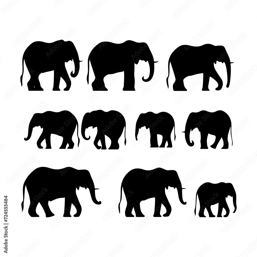 Naklejka premium Elephant silhouette. Animal Family with baby elephant hand drawing art and vector illustration