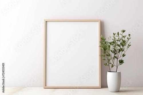 White light frame mockup with green plant in a pot on a floor. Frame with copy space. Minimalistic interior design with empty frame and plant © ilyaska