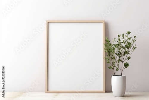 White light frame mockup with green plant in a pot on a floor. Frame with copy space. Minimalistic interior design with empty frame and plant