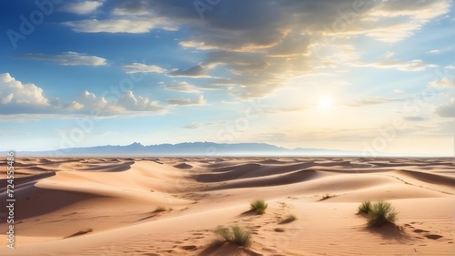 Desert landscape with dunes stretching into the distance under a vast sky