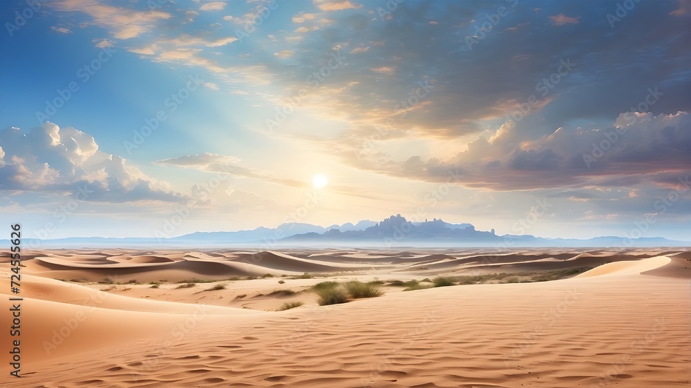Desert landscape with dunes stretching under a vast sky