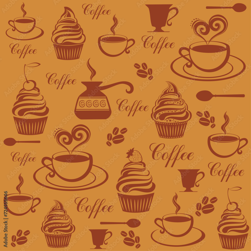 Coffee seamless pattern with lettering, coffee beans and cups. Restaurant menu. Good for textile fabric design, wrapping paper, website wallpapers, textile, wallpaper and apparel. Vector illustration Coffee seamless pattern with lettering, coffee beans and cups. Restaurant menu. Good for textile fabric design, wrapping paper, website wallpapers, textile, wallpaper and apparel. Vector illustration
