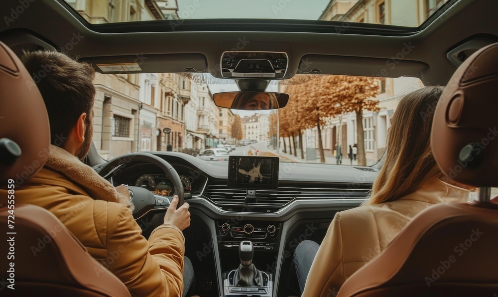 Happy couple traveling in a car for holiday. Active lifestyle concept. Shot from a backseat.
