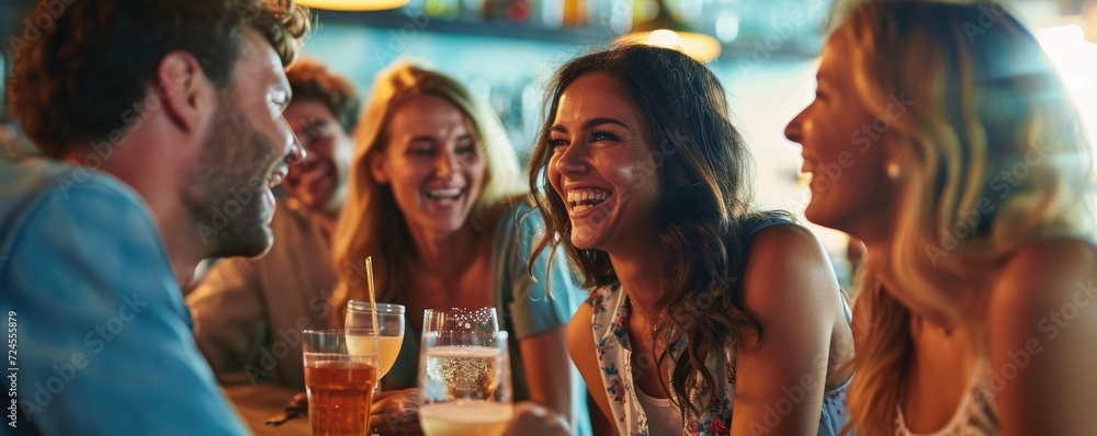 A group of happy young friends, everyone is smiling, they are drinking in a bar celebrating a happy hour. - obrazy, fototapety, plakaty 