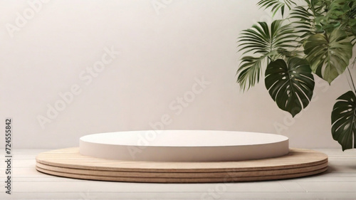 Wooden minimal style pedestal, simple round stand with green tropical plants around. Product presentation concept. 
