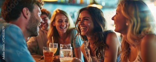 A group of happy young friends, everyone is smiling, they are drinking in a bar celebrating a happy hour.