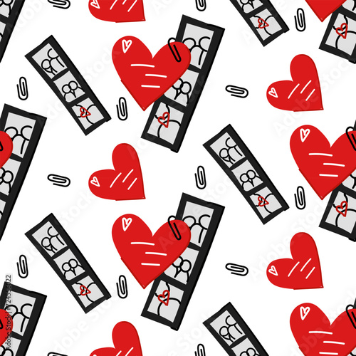 A pattern of a Valentine's day card and photo strips from a photo booth, doodle. A photo card with paper hearts. Memories of Valentine's Day. The postcard with the photos is stapled with a paper clip