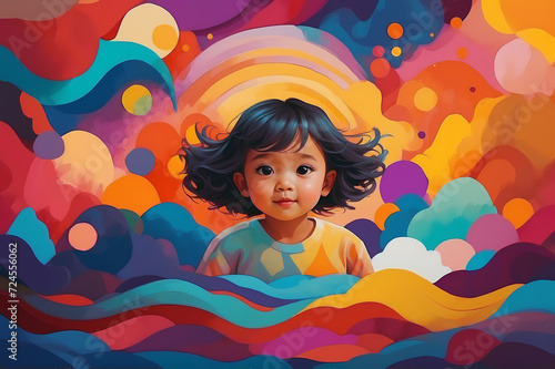 A child in a colorful imaginary world, ASD, autism spectrum disorder, child mental health awareness concept, generative AI photo